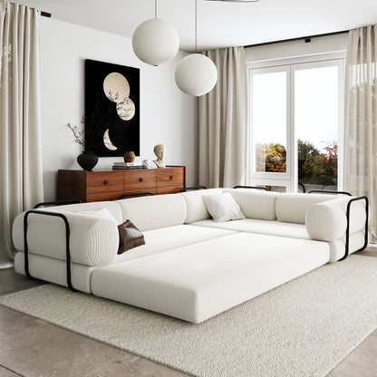 Canapé-lit modulaire en velours côtelé en forme de L, convertible, sectionnel, 4 places, avec coussins compensés, pour salon et appartement