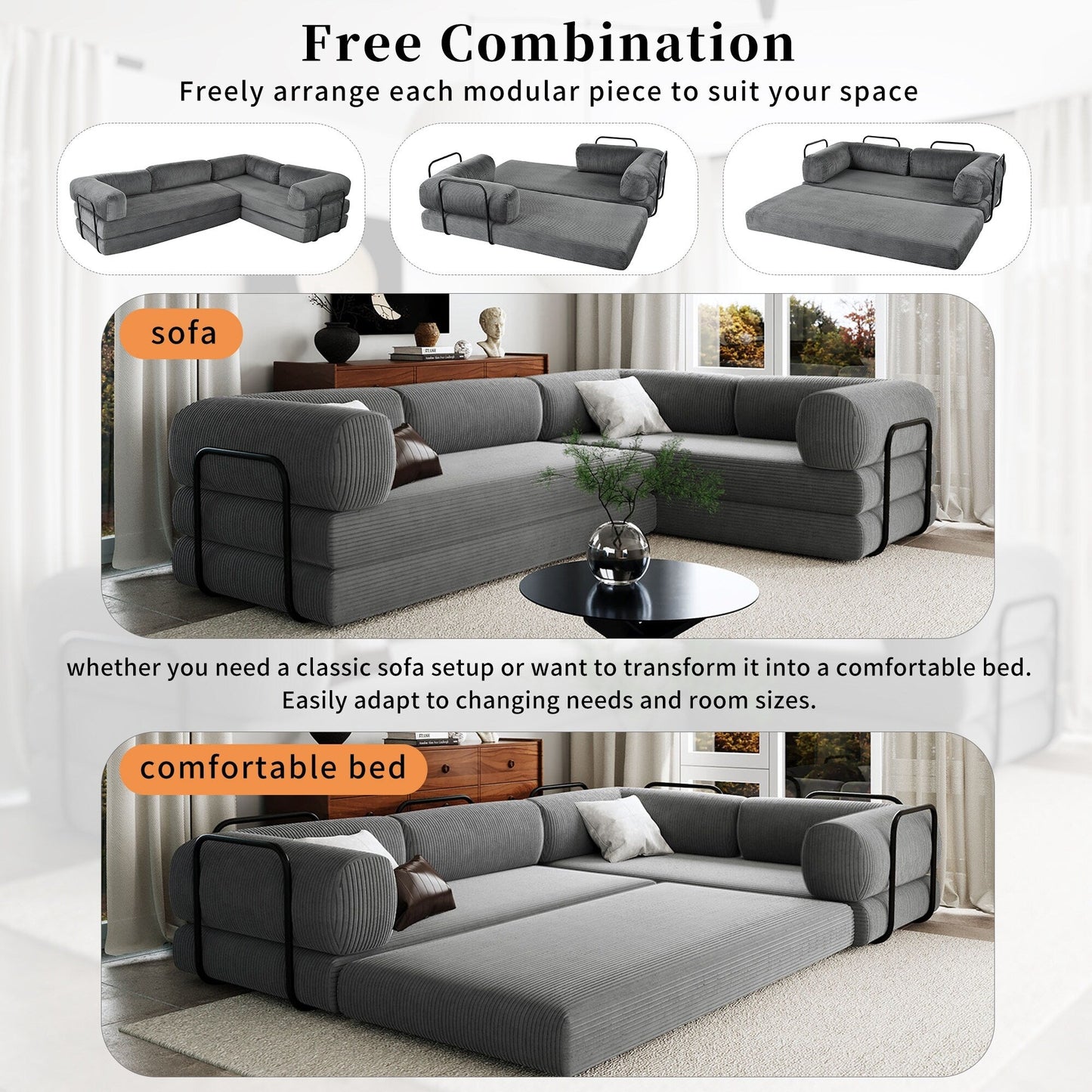 Canapé-lit modulaire en velours côtelé en forme de L, convertible, sectionnel, 4 places, avec coussins compensés, pour salon et appartement
