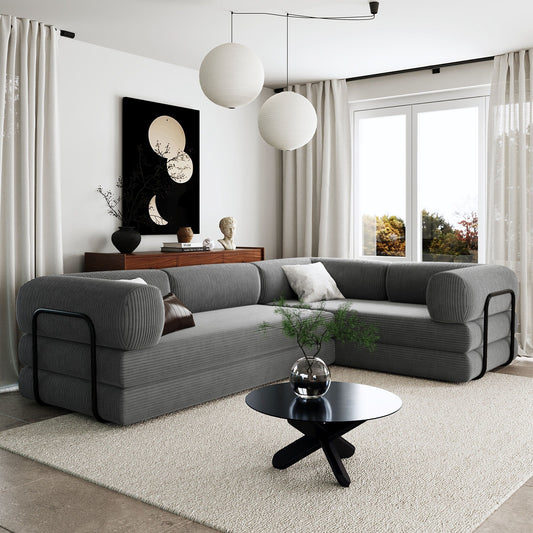 Canapé-lit modulaire en velours côtelé en forme de L, convertible, sectionnel, 4 places, avec coussins compensés, pour salon et appartement