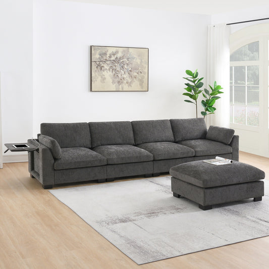 Canapé modulable en L avec table pliable, double port USB, poches de rangement latérales et pouf amovible