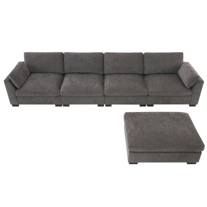 Canapé modulable en L avec table pliable, double port USB, poches de rangement latérales et pouf amovible