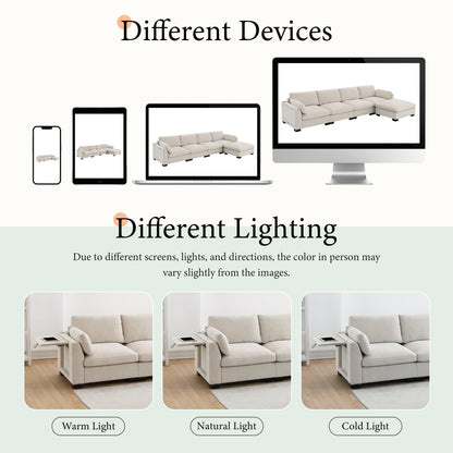Canapé modulable en L avec table pliable, double port USB, poches de rangement latérales et pouf amovible