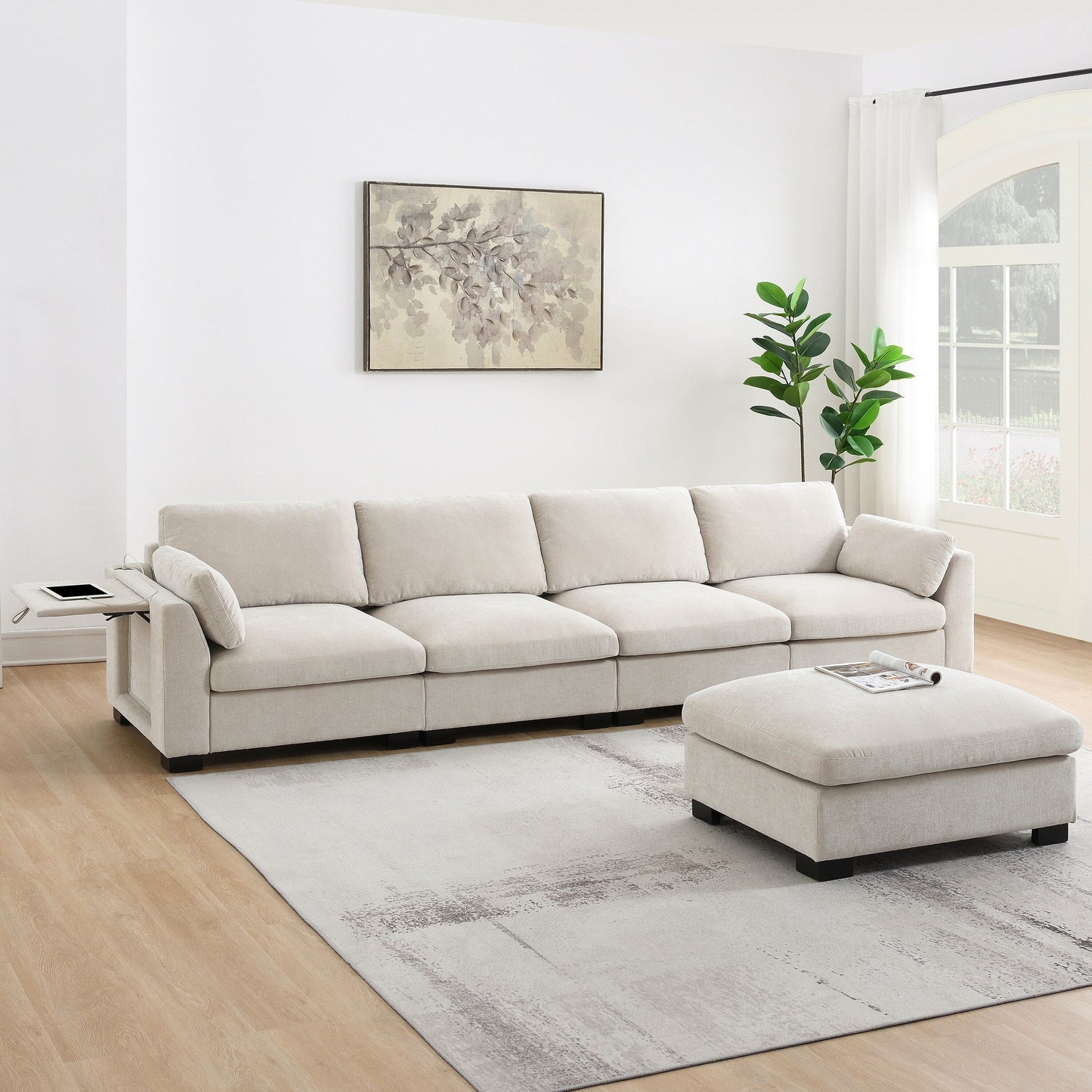 Canapé modulable en L avec table pliable, double port USB, poches de rangement latérales et pouf amovible