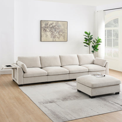 Canapé modulable en L avec table pliable, double port USB, poches de rangement latérales et pouf amovible