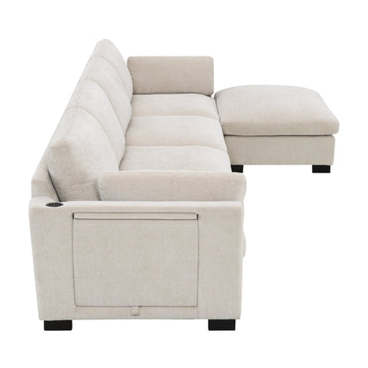 Canapé modulable en L avec table pliable, double port USB, poches de rangement latérales et pouf amovible