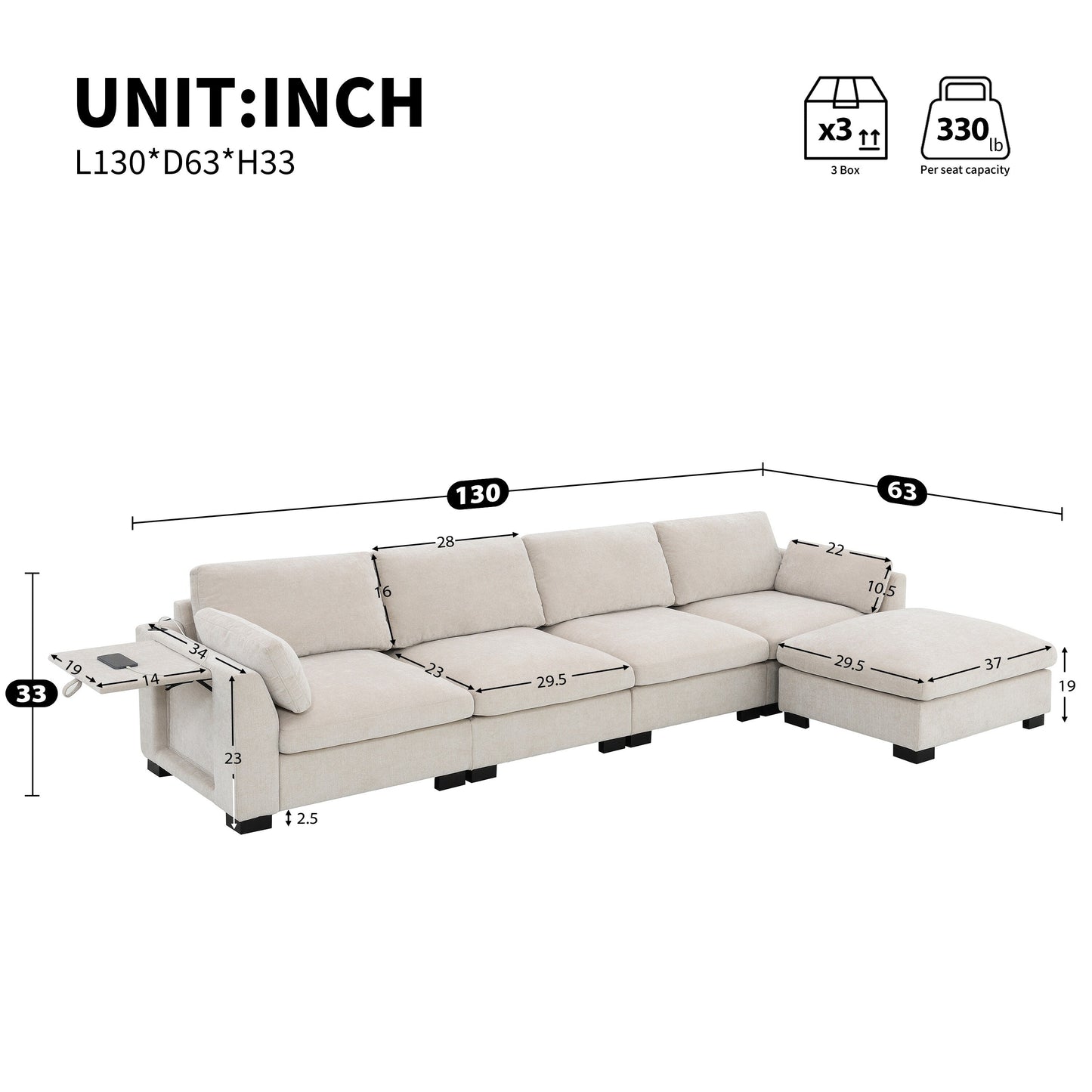 Canapé modulable en L avec table pliable, double port USB, poches de rangement latérales et pouf amovible