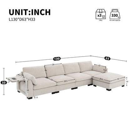 Canapé modulable en L avec table pliable, double port USB, poches de rangement latérales et pouf amovible