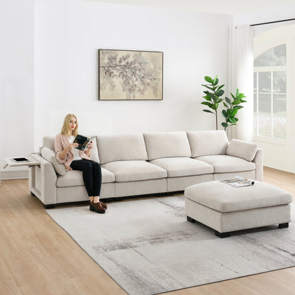 Canapé modulable en L avec table pliable, double port USB, poches de rangement latérales et pouf amovible