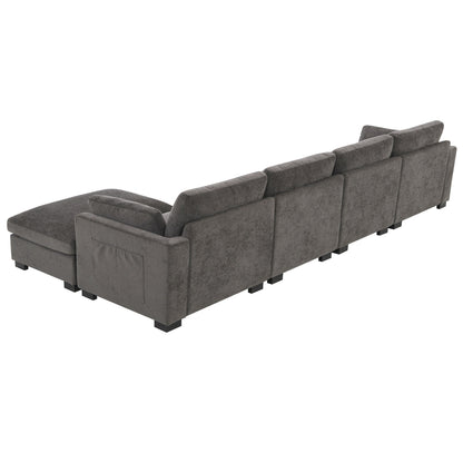 Canapé modulable en L avec table pliable, double port USB, poches de rangement latérales et pouf amovible