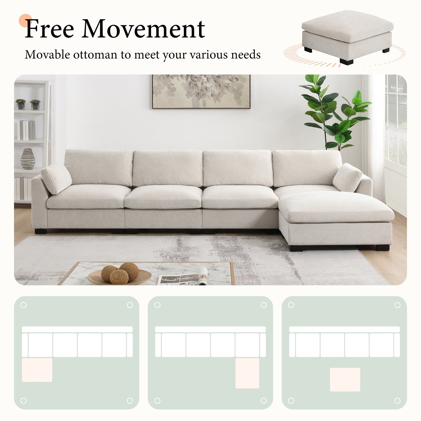 Canapé modulable en L avec table pliable, double port USB, poches de rangement latérales et pouf amovible