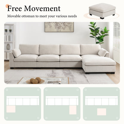 Canapé modulable en L avec table pliable, double port USB, poches de rangement latérales et pouf amovible