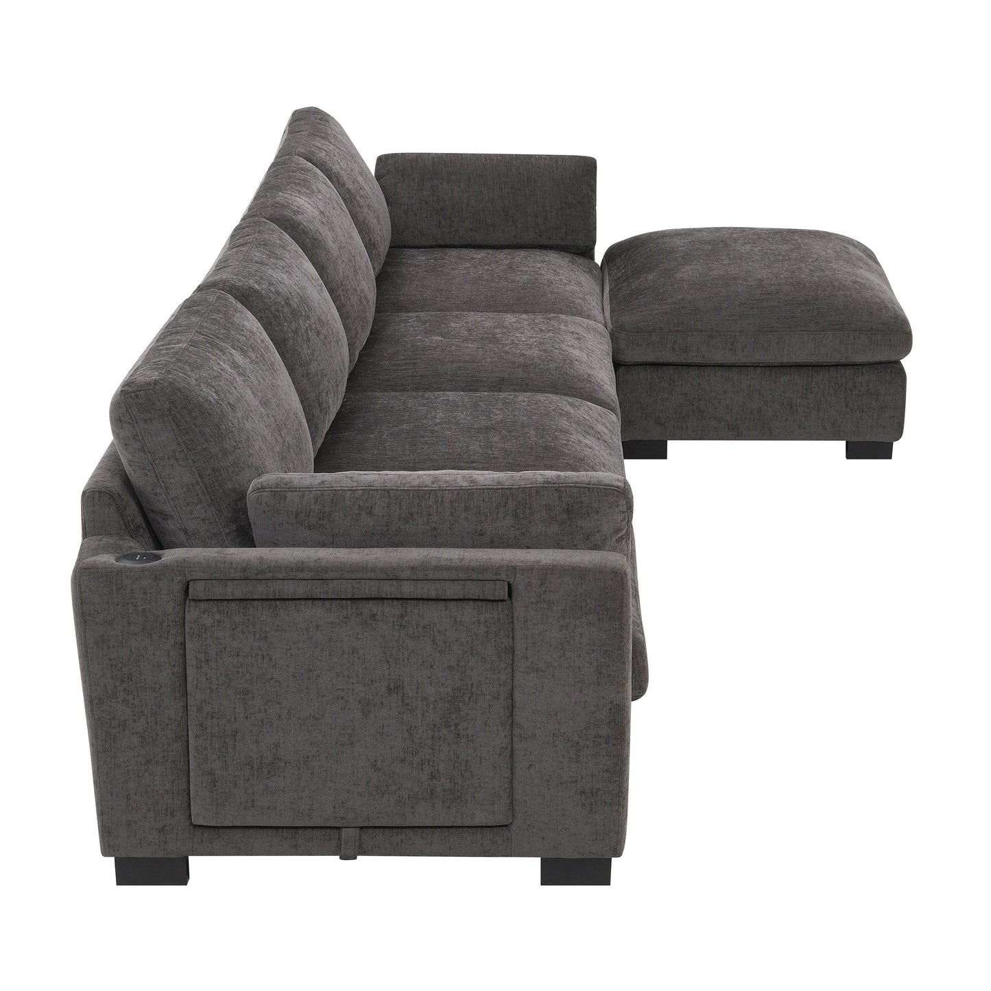 Canapé modulable en L avec table pliable, double port USB, poches de rangement latérales et pouf amovible