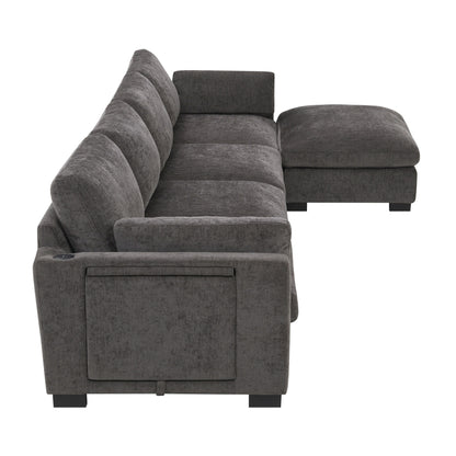 Canapé modulable en L avec table pliable, double port USB, poches de rangement latérales et pouf amovible