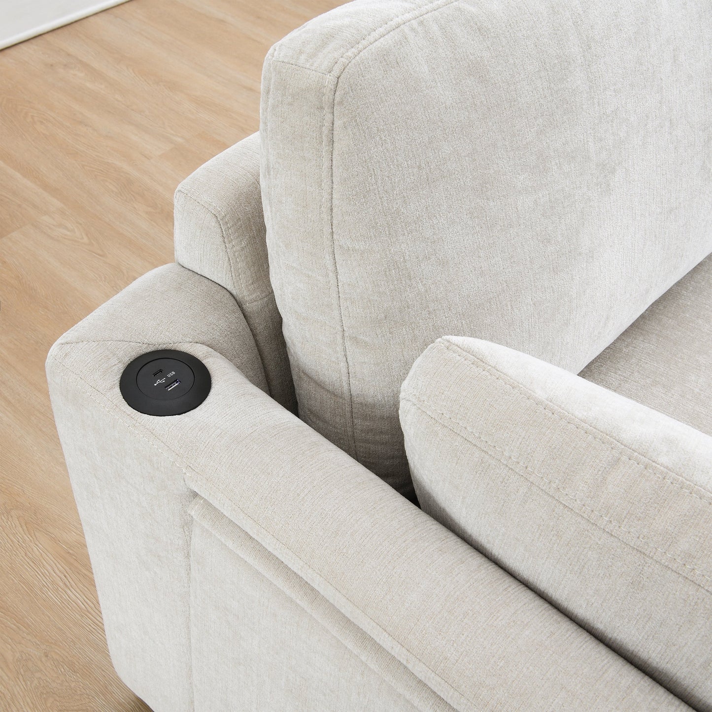 Canapé modulable en L avec table pliable, double port USB, poches de rangement latérales et pouf amovible