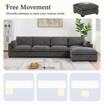 Canapé modulable en L avec table pliable, double port USB, poches de rangement latérales et pouf amovible