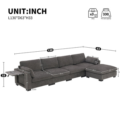 Canapé modulable en L avec table pliable, double port USB, poches de rangement latérales et pouf amovible