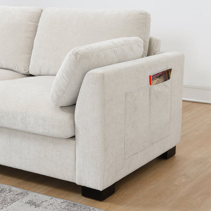 Canapé modulable en L avec table pliable, double port USB, poches de rangement latérales et pouf amovible