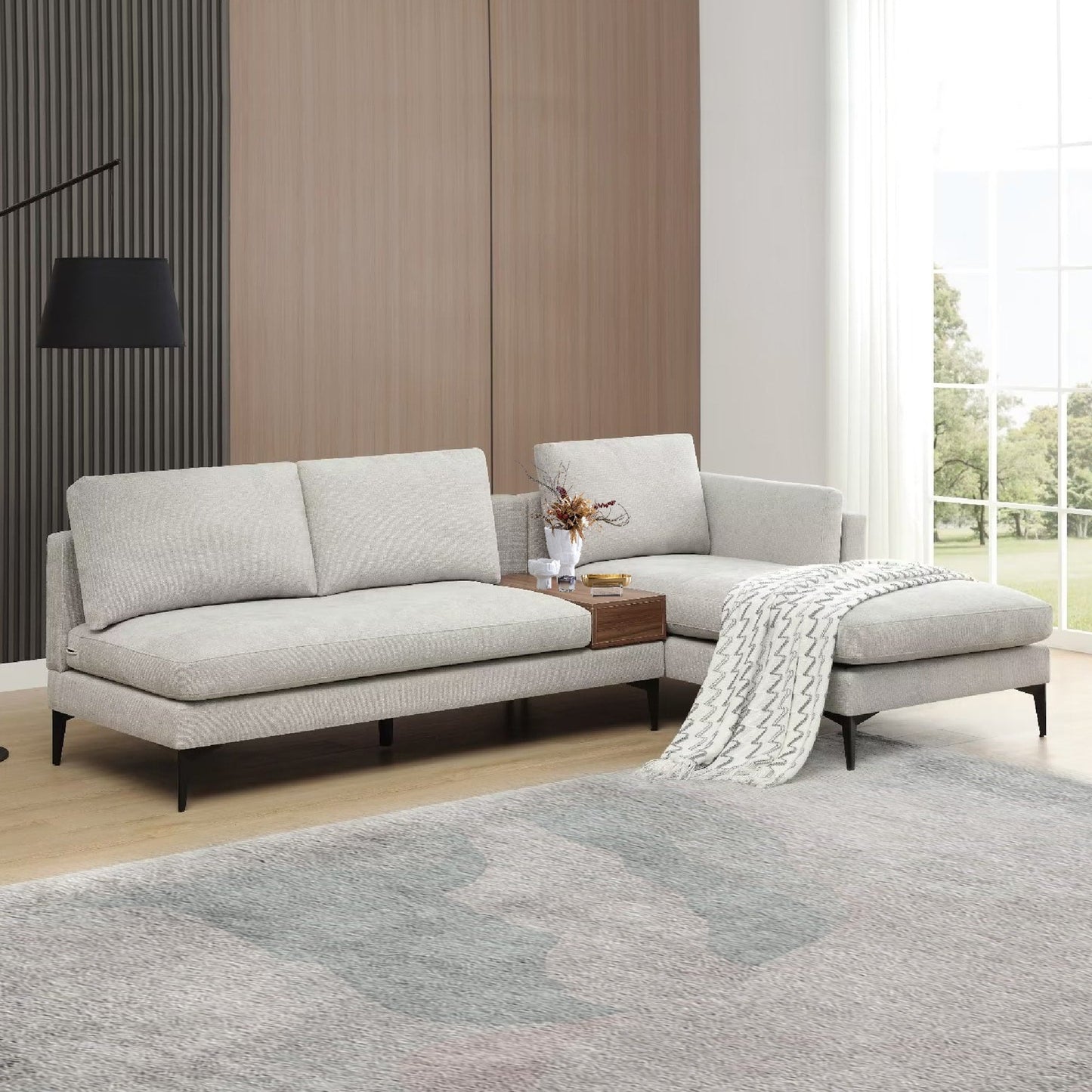 Canapé modulable en L avec un design réversible et un coffre décoratif en bois intégré