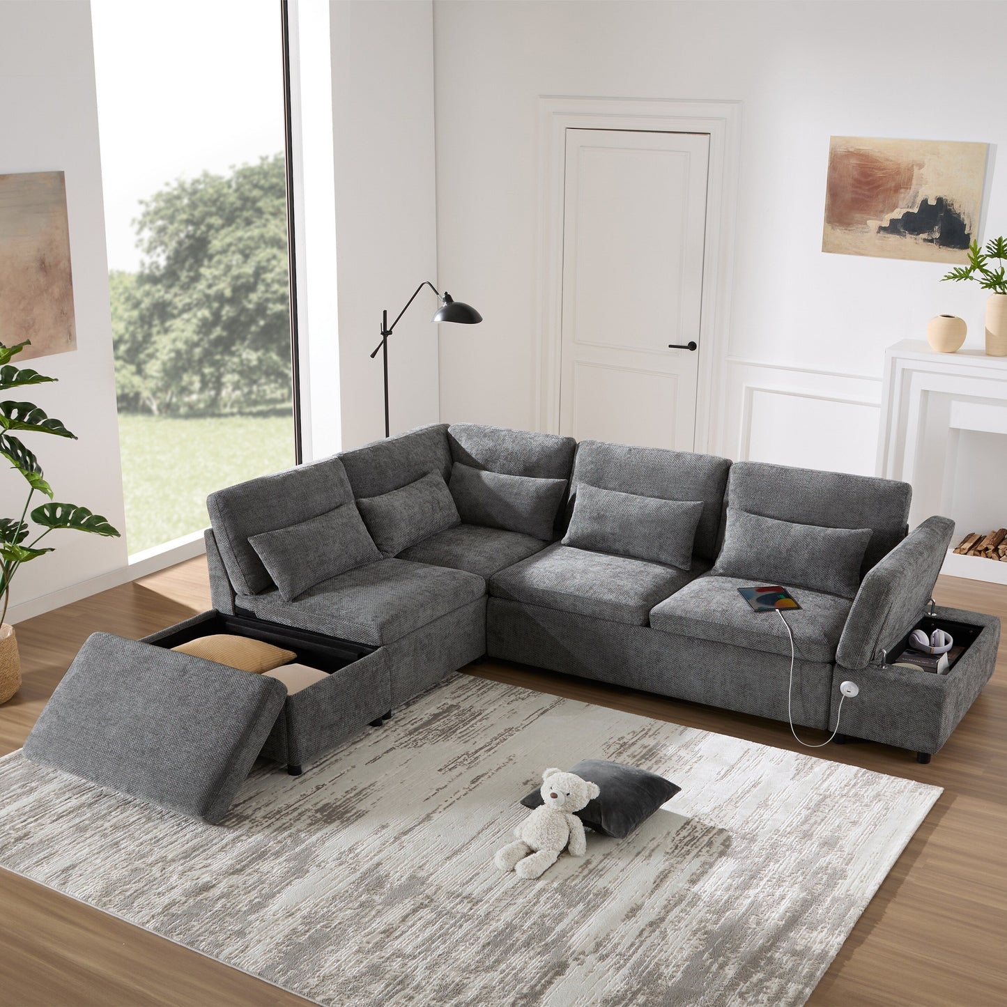 Canapé-lit sectionnel modulaire avec accoudoir de chargement réglable et pouf de rangement pour salon et appartement