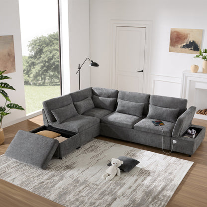 Canapé-lit sectionnel modulaire avec accoudoir de chargement réglable et pouf de rangement pour salon et appartement