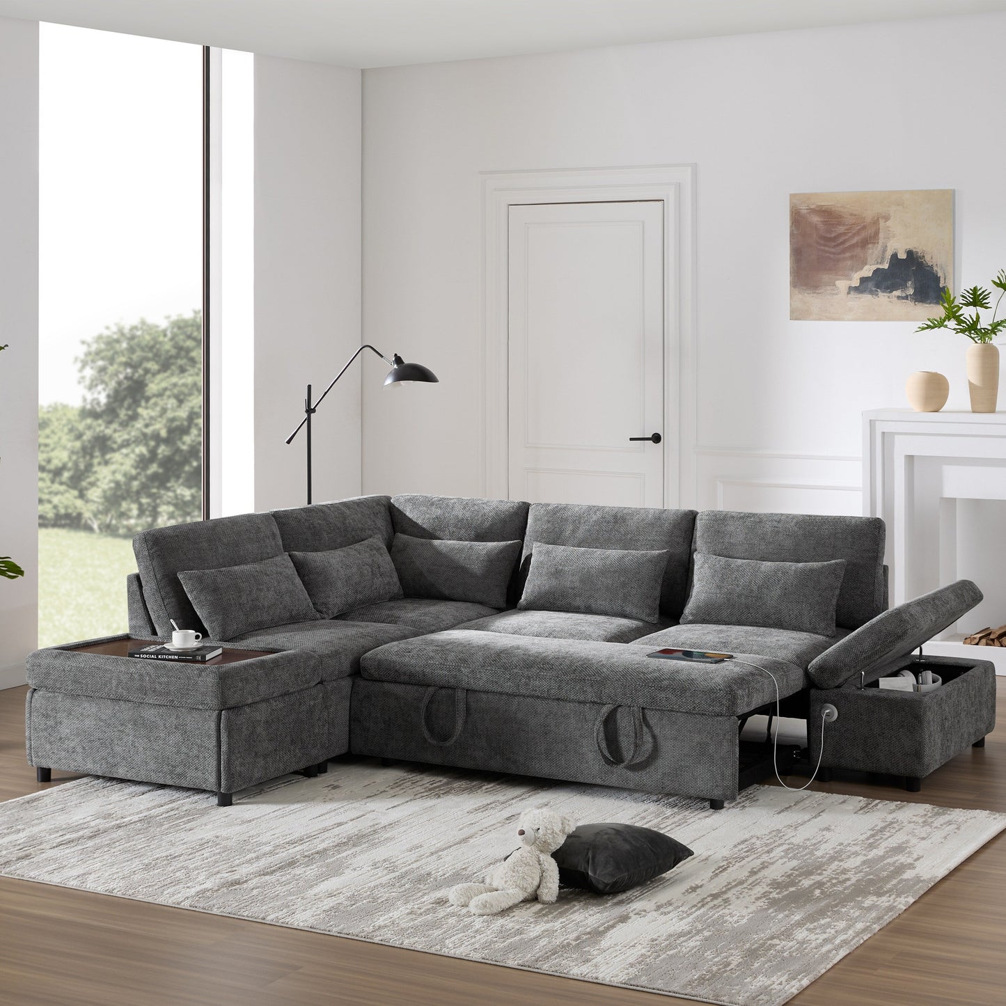 Canapé-lit sectionnel modulaire avec accoudoir de chargement réglable et pouf de rangement pour salon et appartement