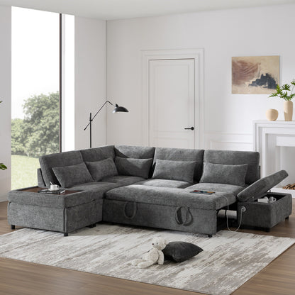Canapé-lit sectionnel modulaire avec accoudoir de chargement réglable et pouf de rangement pour salon et appartement
