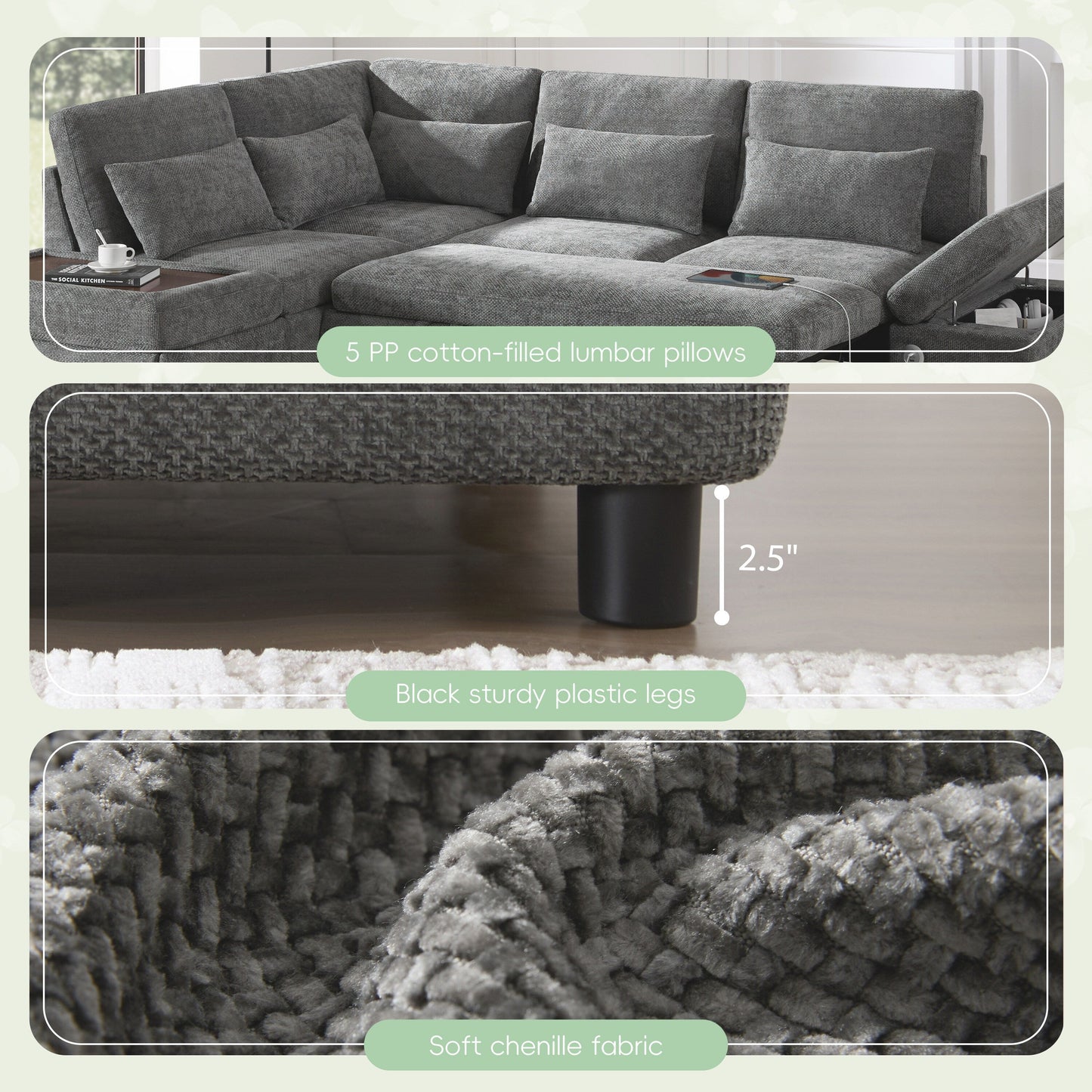 Canapé-lit sectionnel modulaire avec accoudoir de chargement réglable et pouf de rangement pour salon et appartement