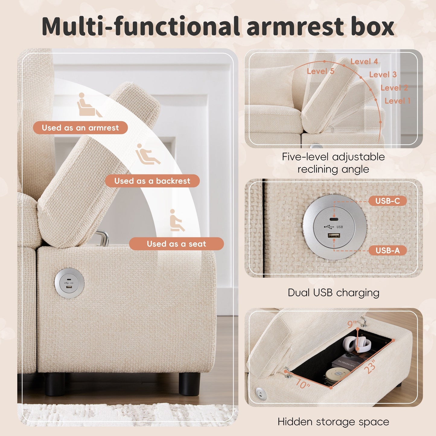 Canapé-lit sectionnel modulaire avec accoudoir de chargement réglable et pouf de rangement pour salon et appartement