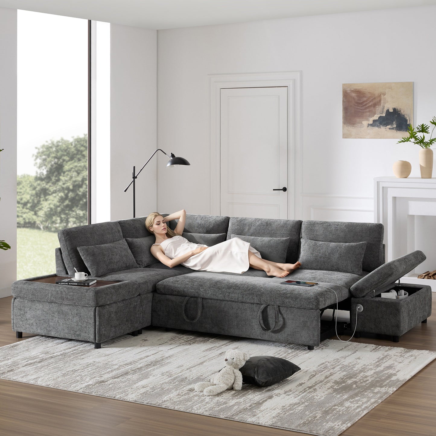 Canapé-lit sectionnel modulaire avec accoudoir de chargement réglable et pouf de rangement pour salon et appartement