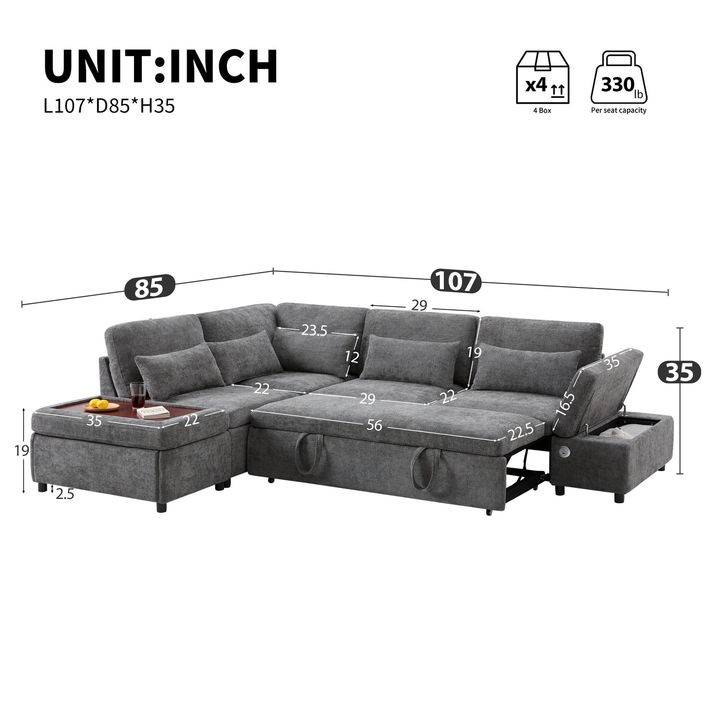 Canapé-lit sectionnel modulaire avec accoudoir de chargement réglable et pouf de rangement pour salon et appartement