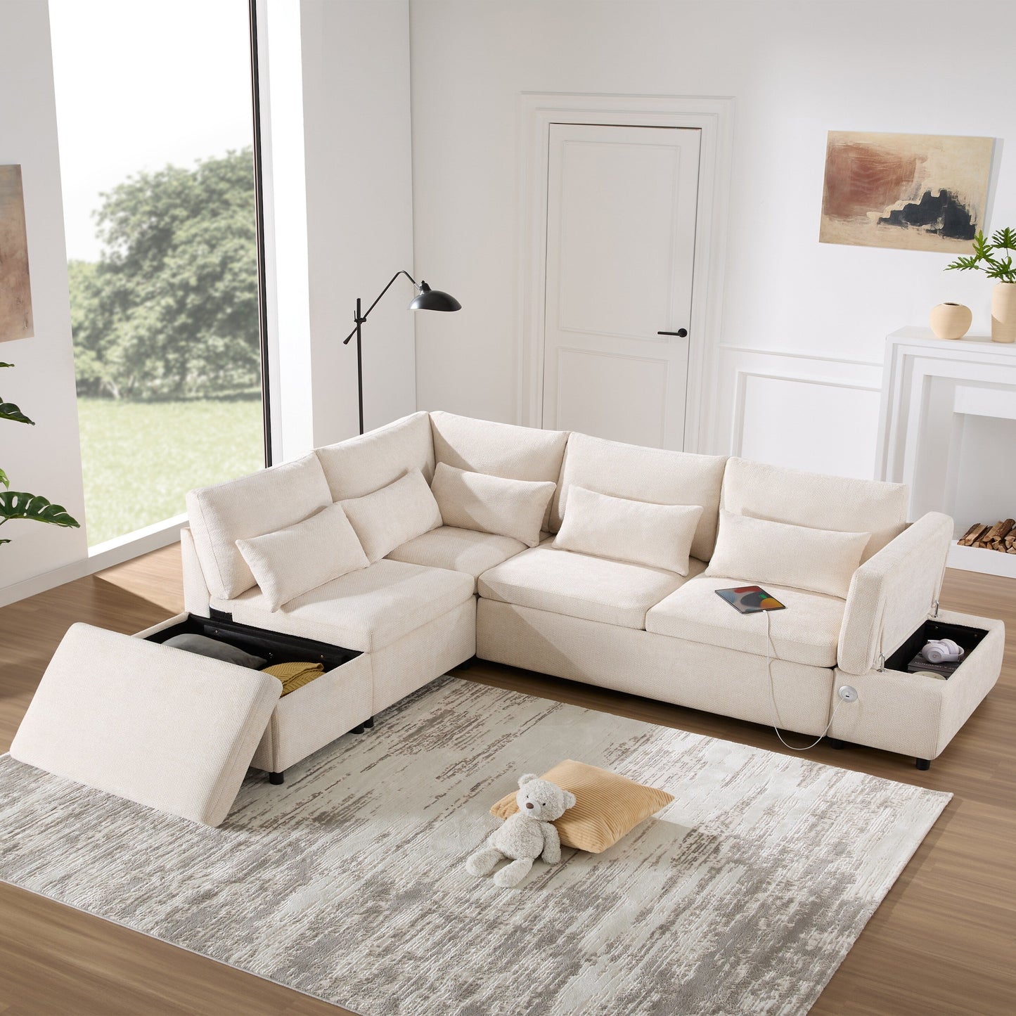 Canapé-lit sectionnel modulaire avec accoudoir de chargement réglable et pouf de rangement pour salon et appartement
