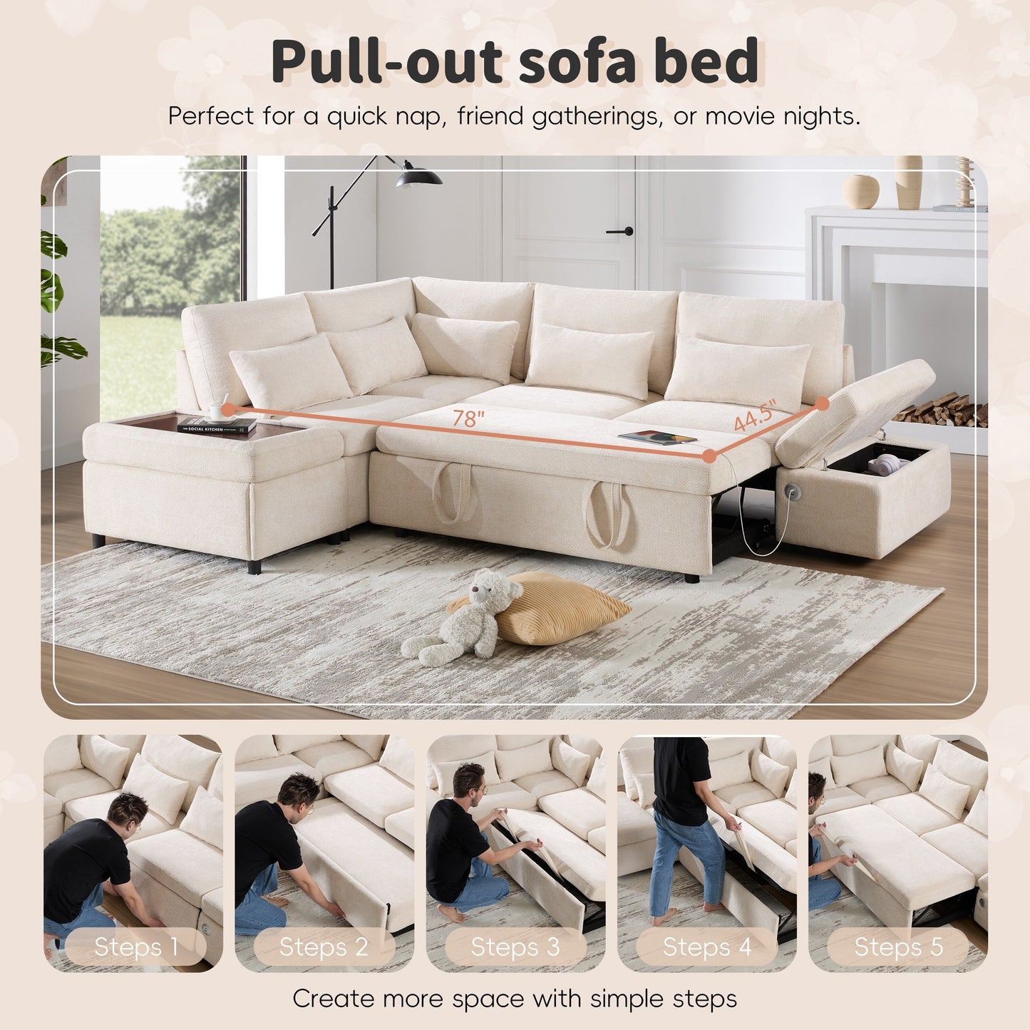 Canapé-lit sectionnel modulaire avec accoudoir de chargement réglable et pouf de rangement pour salon et appartement