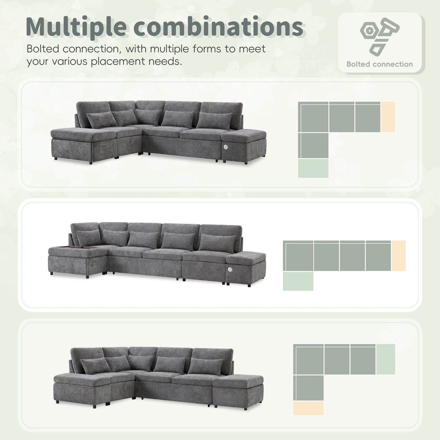 Canapé-lit sectionnel modulaire avec accoudoir de chargement réglable et pouf de rangement pour salon et appartement