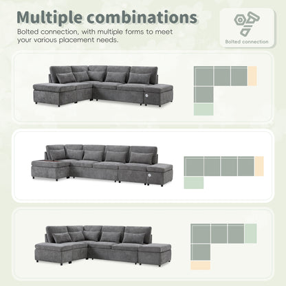 Canapé-lit sectionnel modulaire avec accoudoir de chargement réglable et pouf de rangement pour salon et appartement