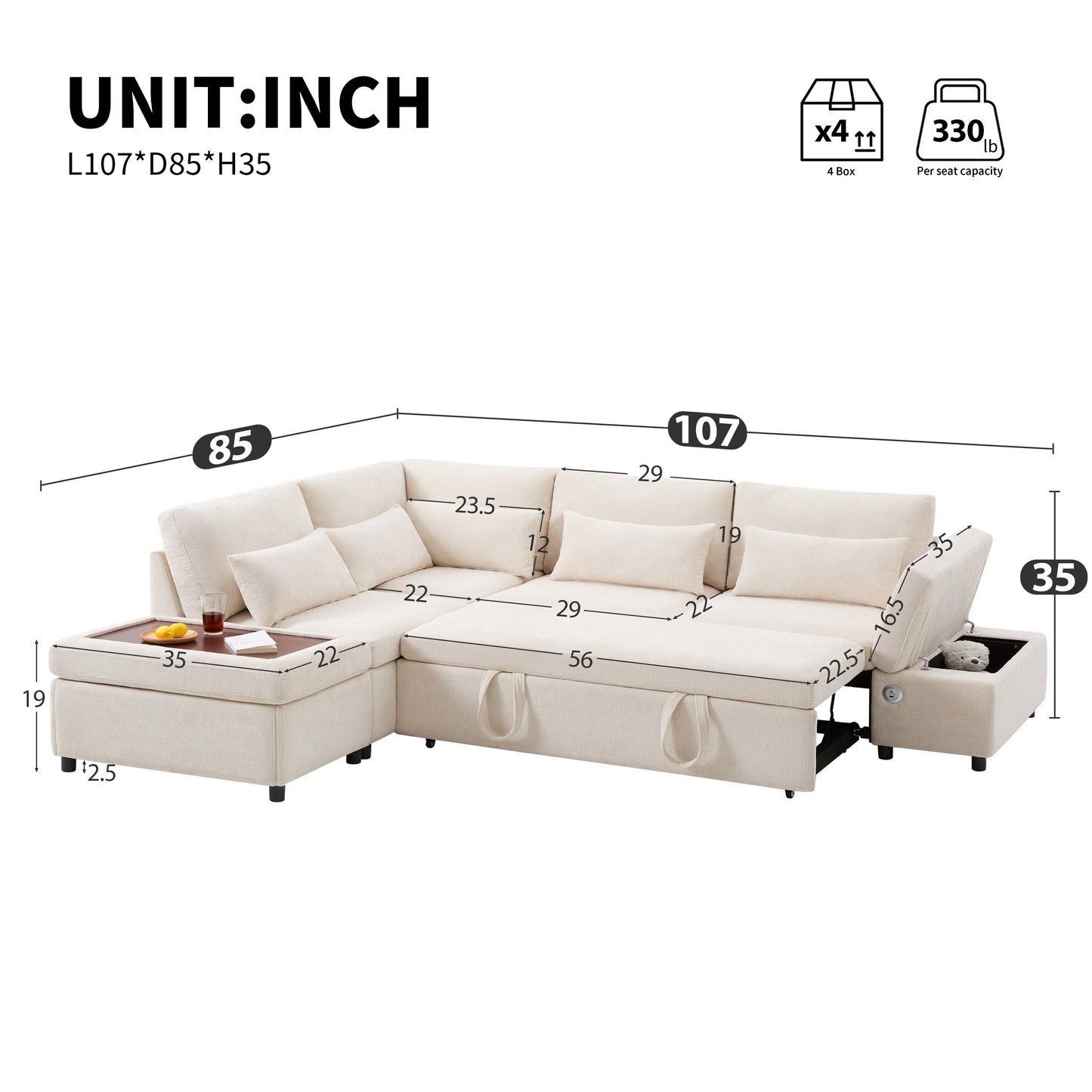 Canapé-lit sectionnel modulaire avec accoudoir de chargement réglable et pouf de rangement pour salon et appartement