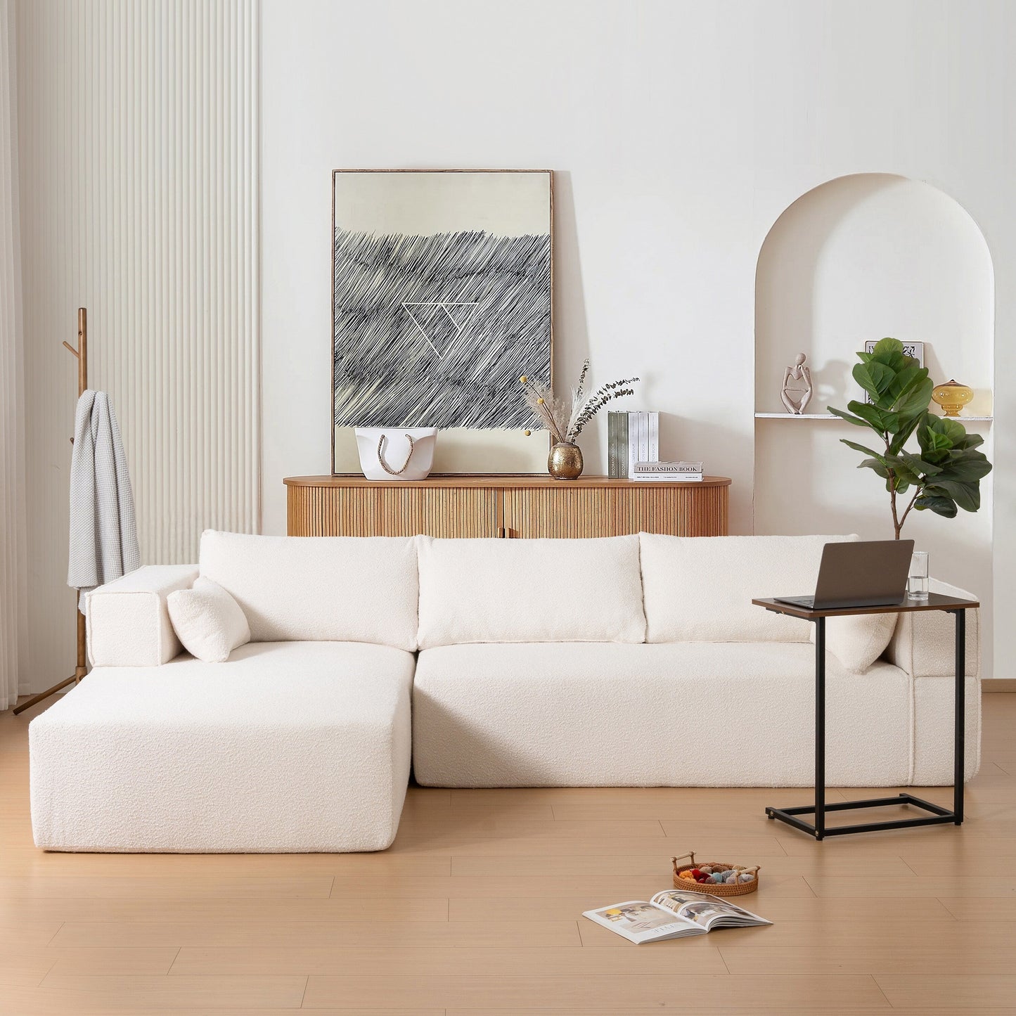 Canapé sectionnel modulaire avec table d'appoint gratuite, assise large, entièrement compressé, tissu bouclé infroissable avec méridienne