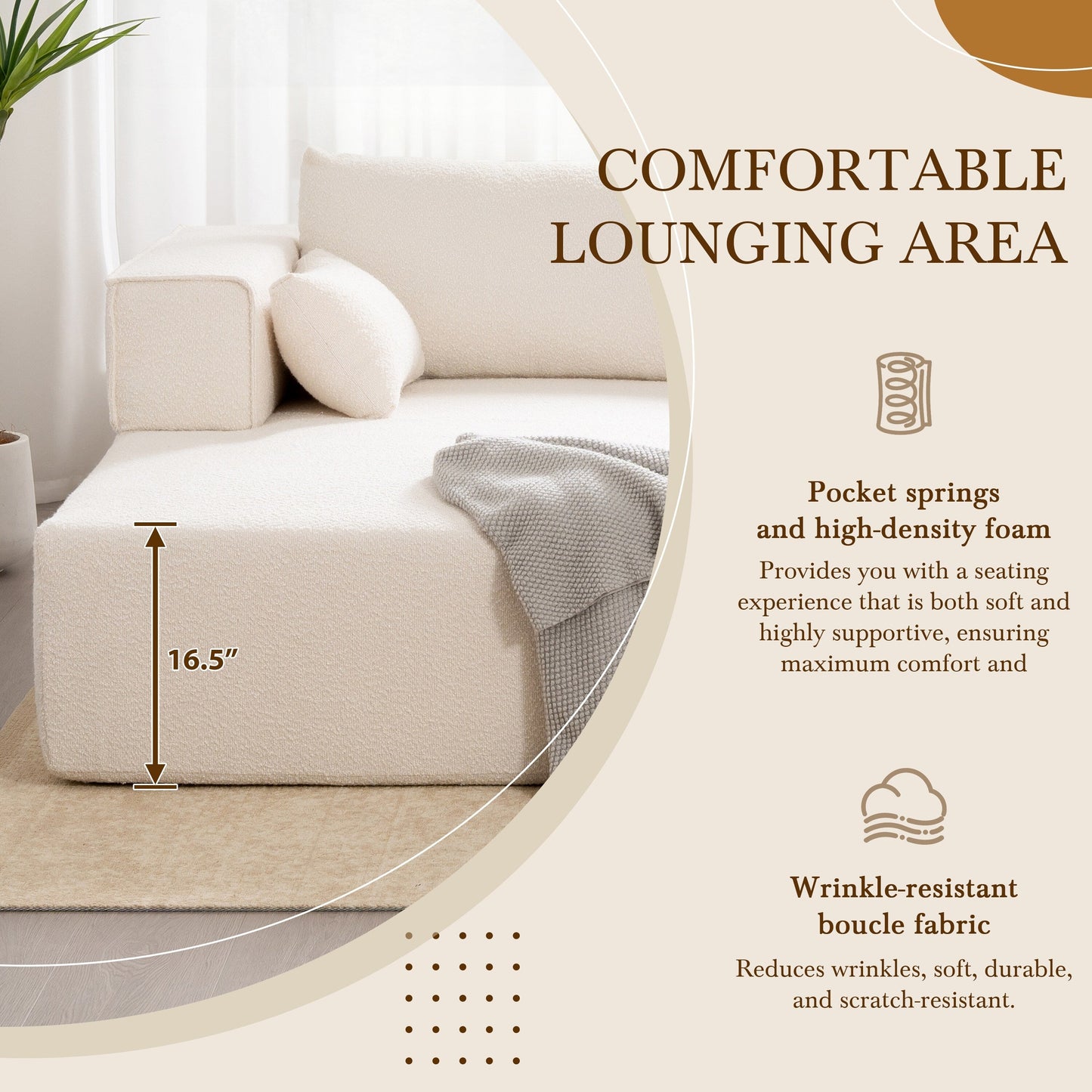 Canapé sectionnel modulaire avec table d'appoint gratuite, assise large, entièrement compressé, tissu bouclé infroissable avec méridienne