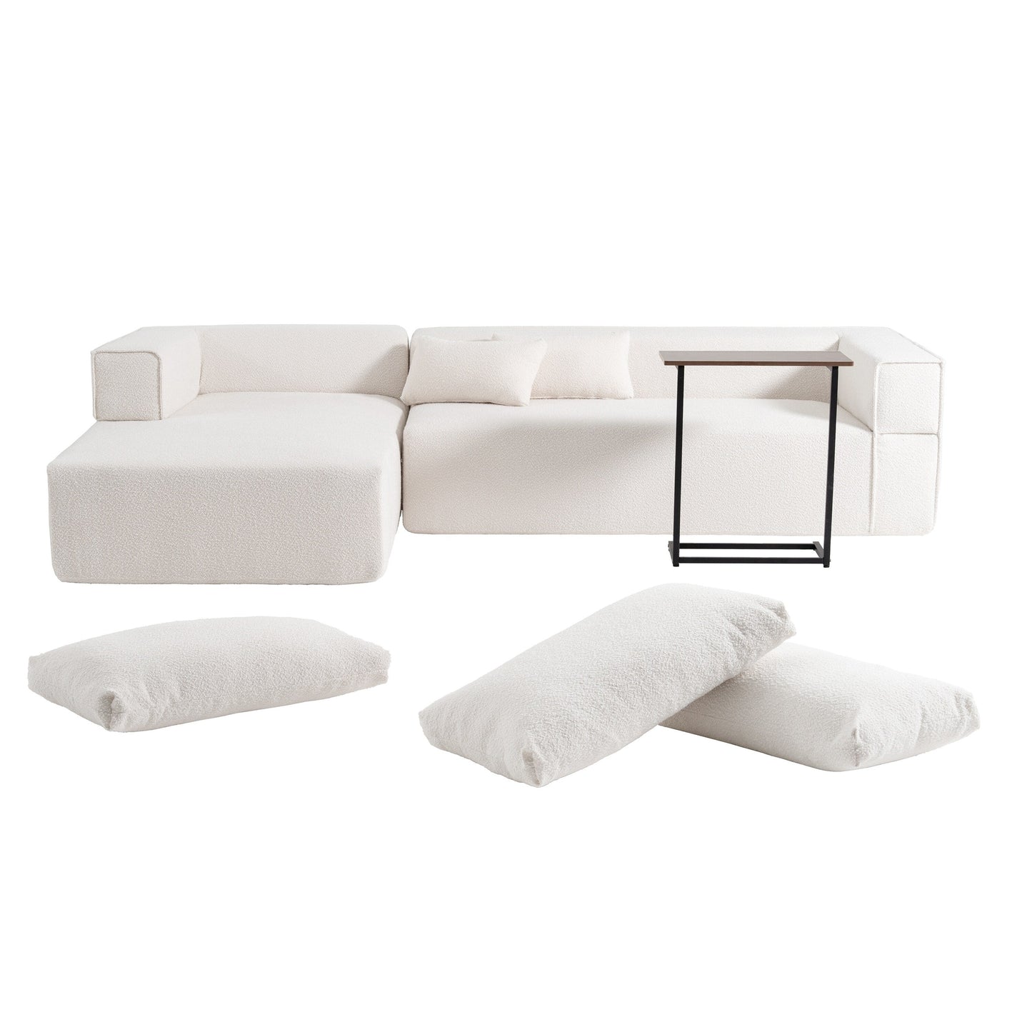 Canapé sectionnel modulaire avec table d'appoint gratuite, assise large, entièrement compressé, tissu bouclé infroissable avec méridienne