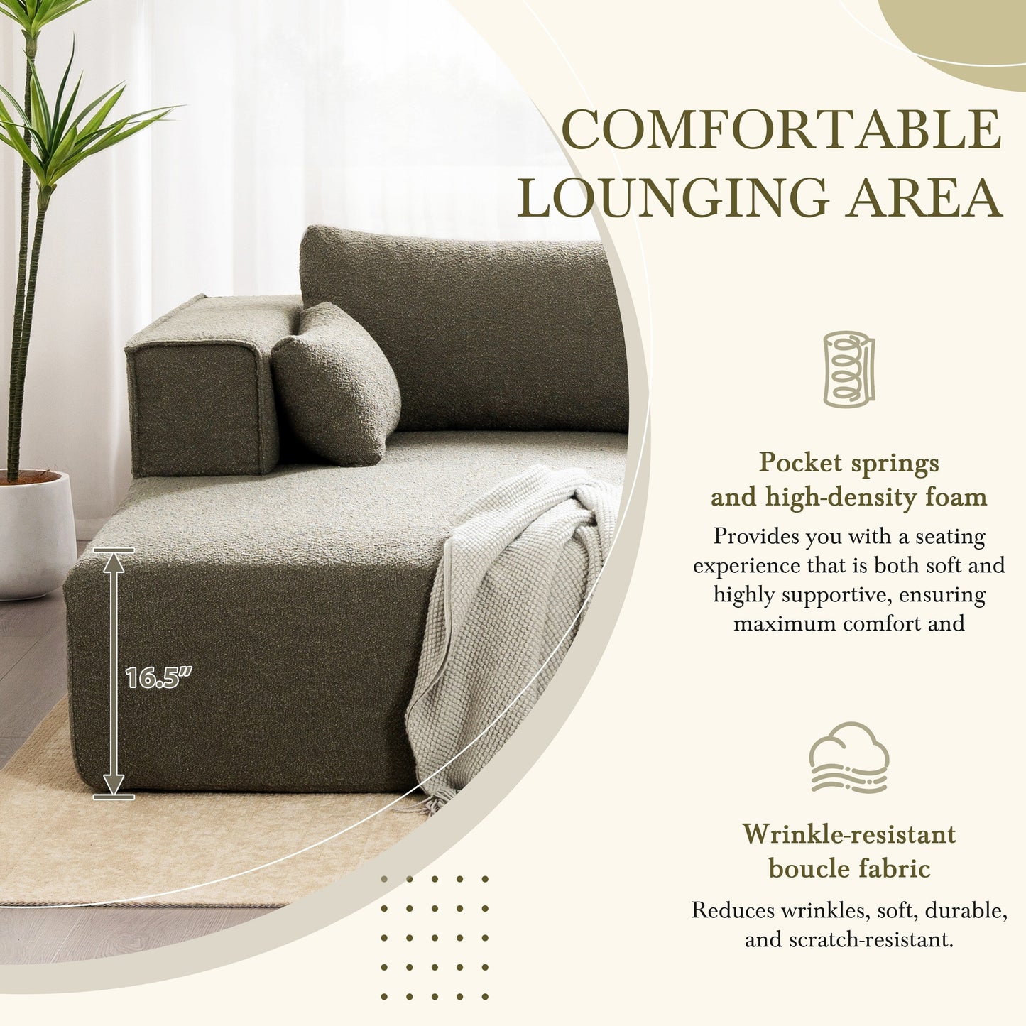 Canapé sectionnel modulaire avec table d'appoint gratuite, assise large, entièrement compressé, tissu bouclé infroissable avec méridienne