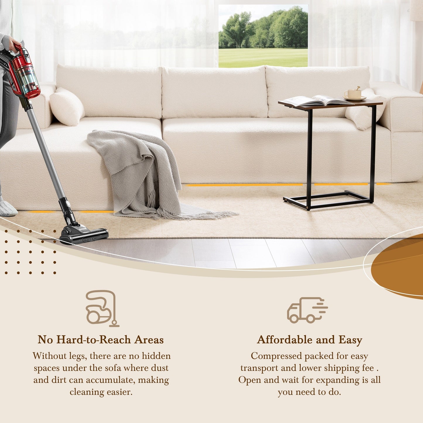 Canapé sectionnel modulaire avec table d'appoint gratuite, assise large, entièrement compressé, tissu bouclé infroissable avec méridienne