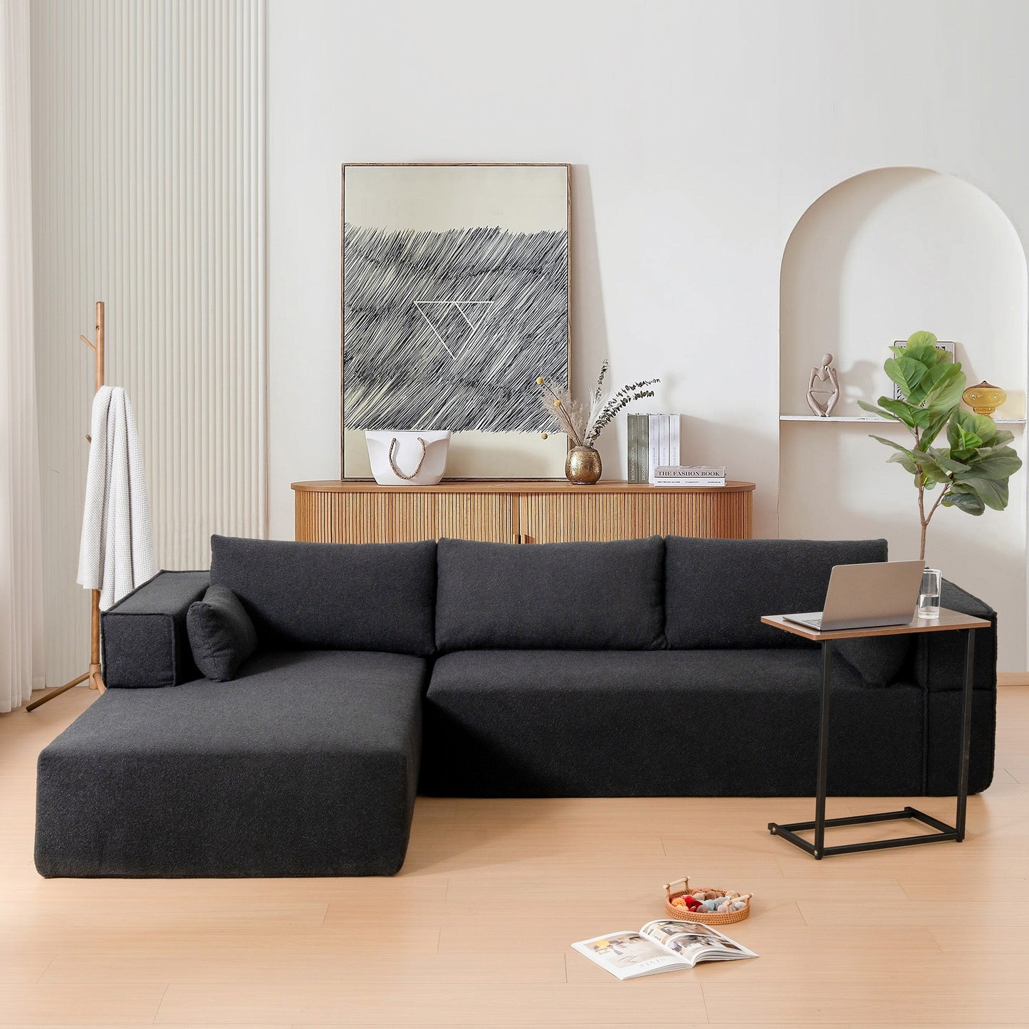 Canapé sectionnel modulaire avec table d'appoint gratuite, assise large, entièrement compressé, tissu bouclé infroissable avec méridienne