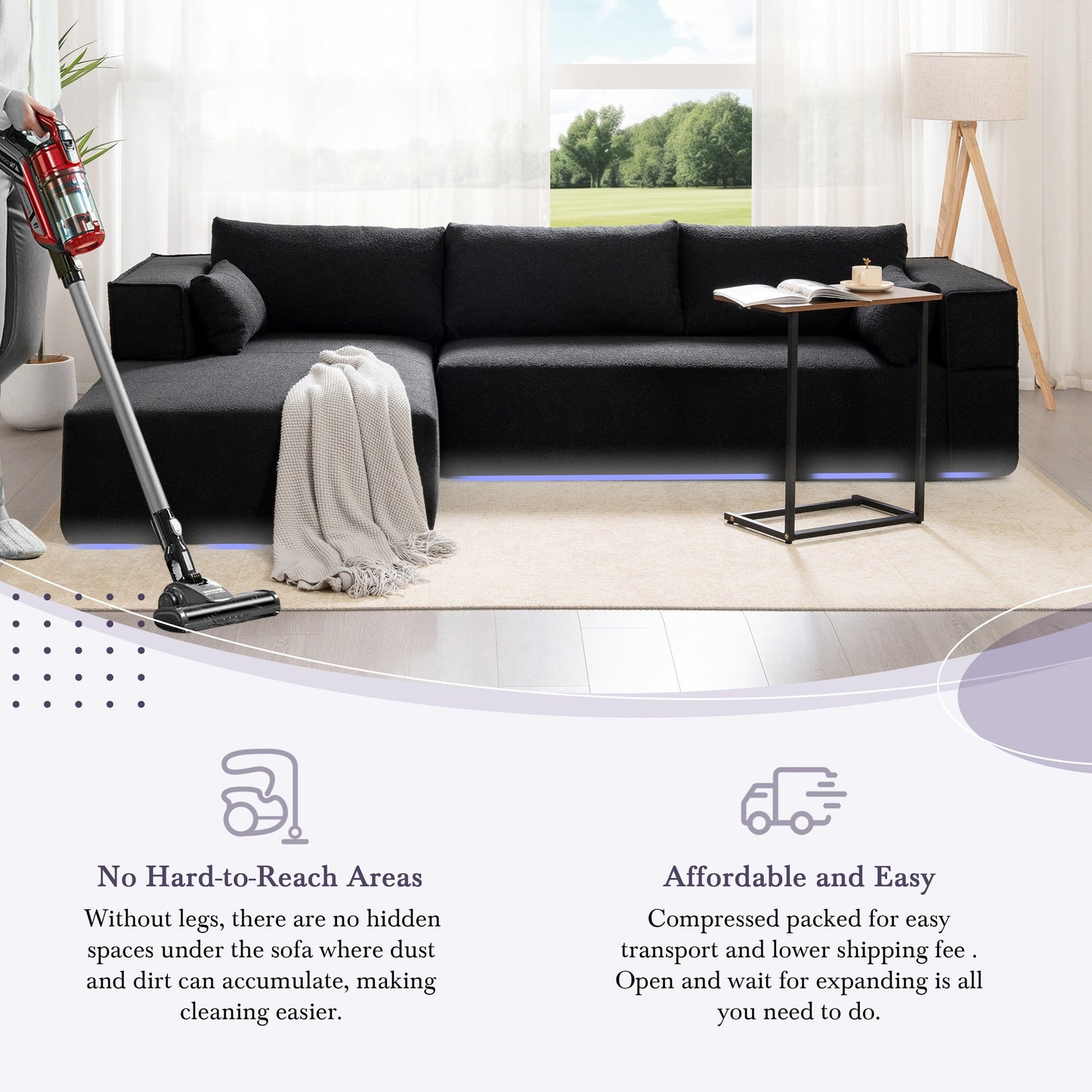Canapé sectionnel modulaire avec table d'appoint gratuite, assise large, entièrement compressé, tissu bouclé infroissable avec méridienne