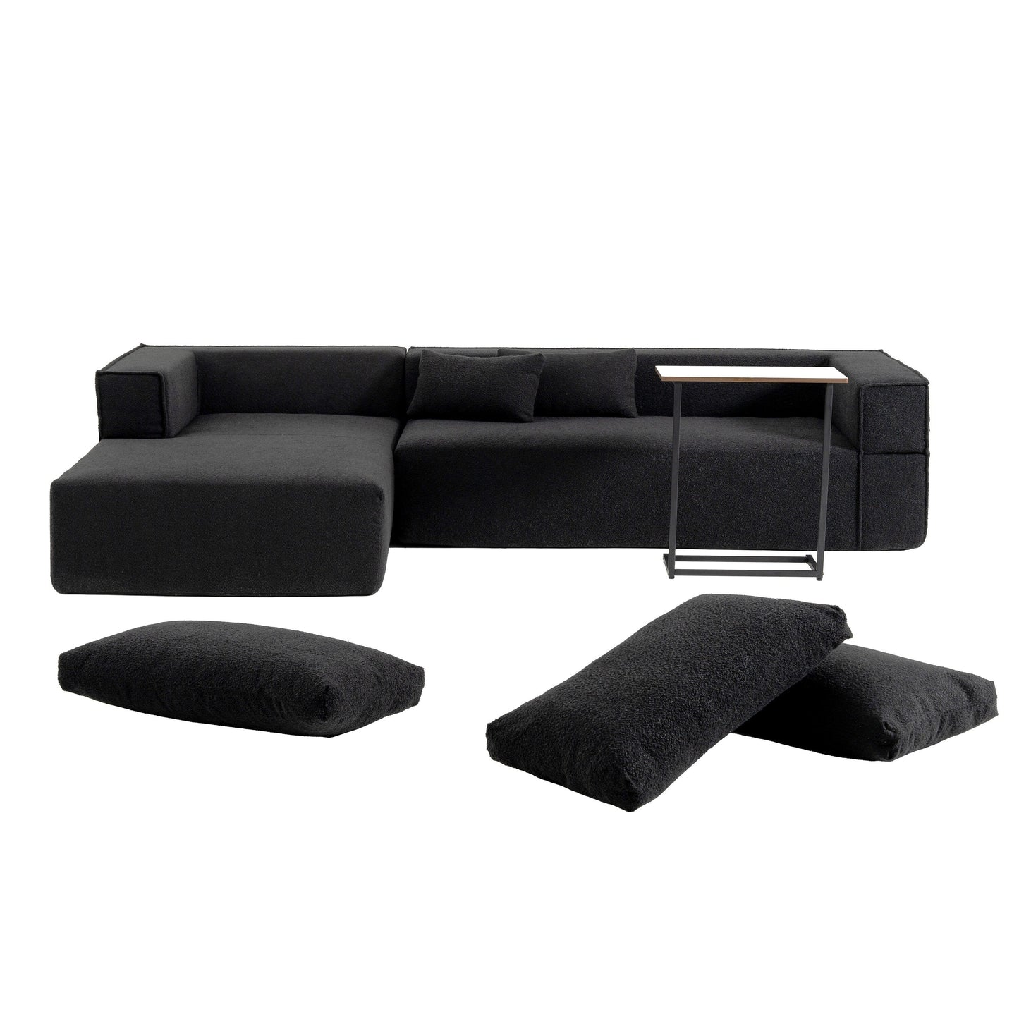 Canapé sectionnel modulaire avec table d'appoint gratuite, assise large, entièrement compressé, tissu bouclé infroissable avec méridienne