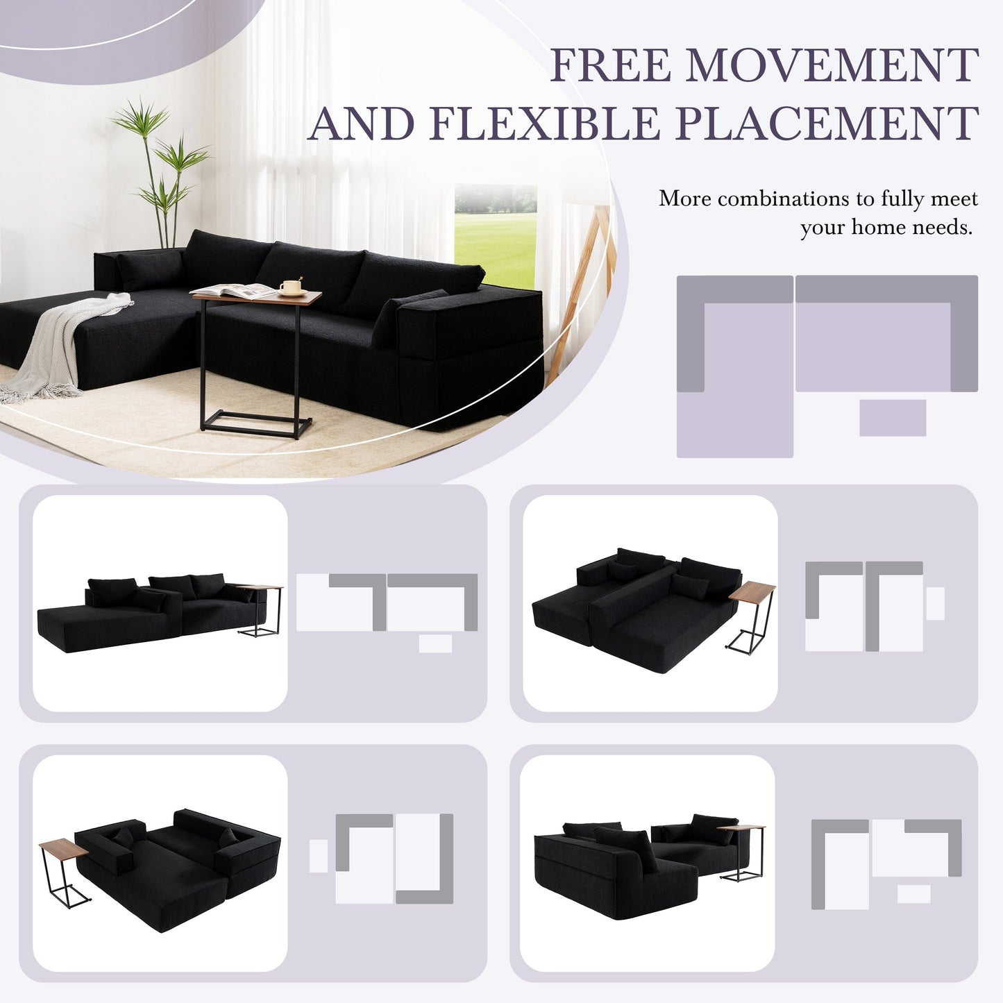 Canapé sectionnel modulaire avec table d'appoint gratuite, assise large, entièrement compressé, tissu bouclé infroissable avec méridienne