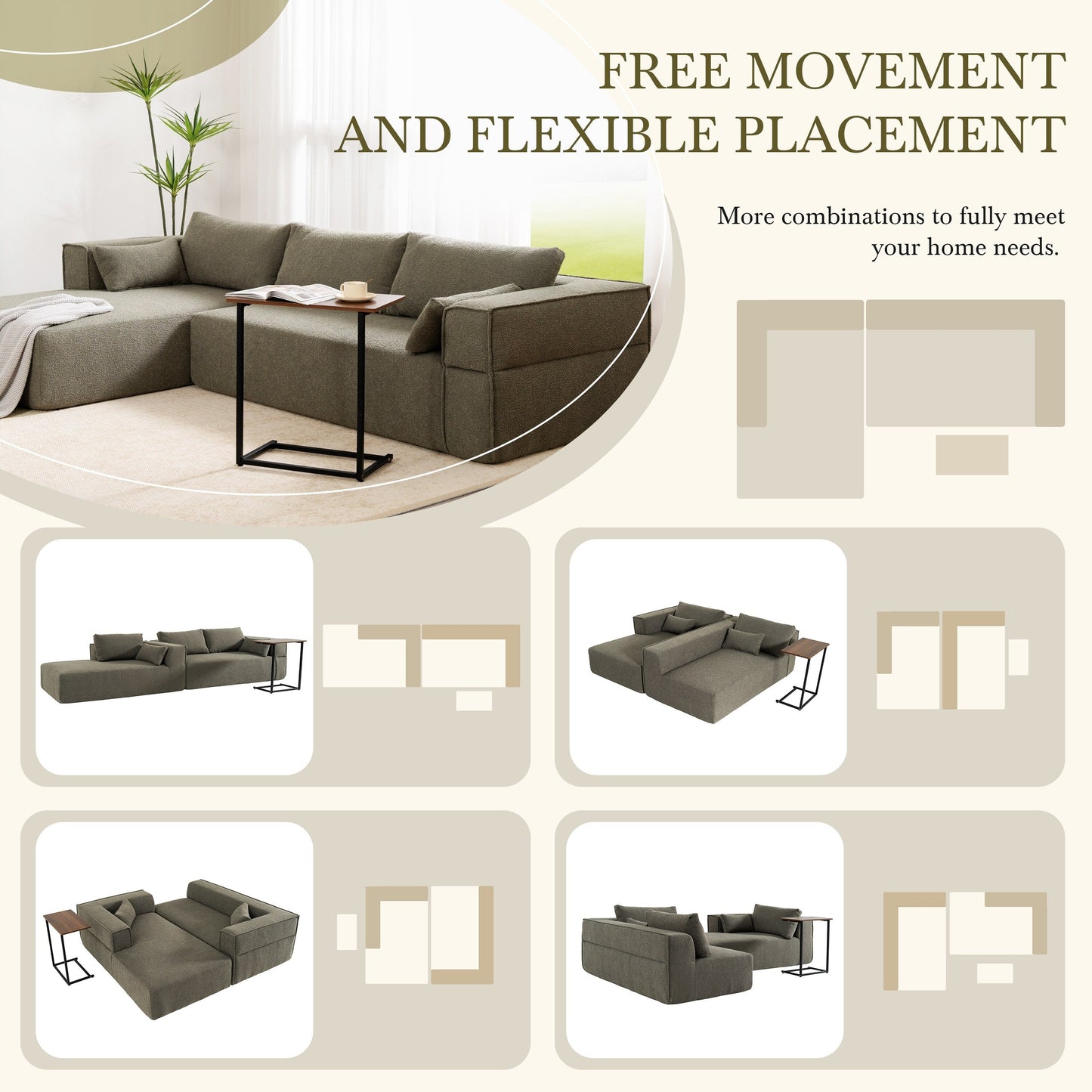 Canapé sectionnel modulaire avec table d'appoint gratuite, assise large, entièrement compressé, tissu bouclé infroissable avec méridienne