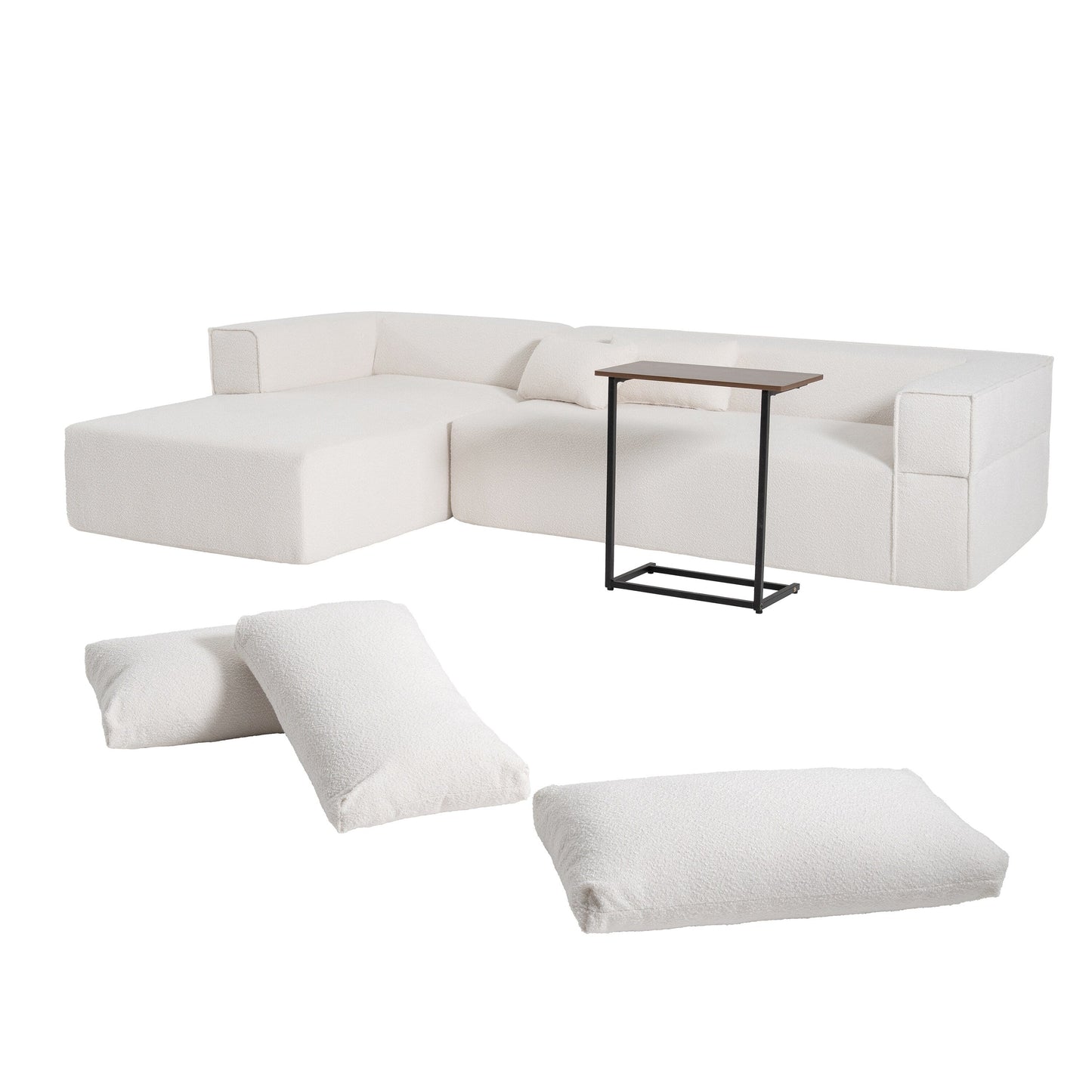 Canapé sectionnel modulaire avec table d'appoint gratuite, assise large, entièrement compressé, tissu bouclé infroissable avec méridienne