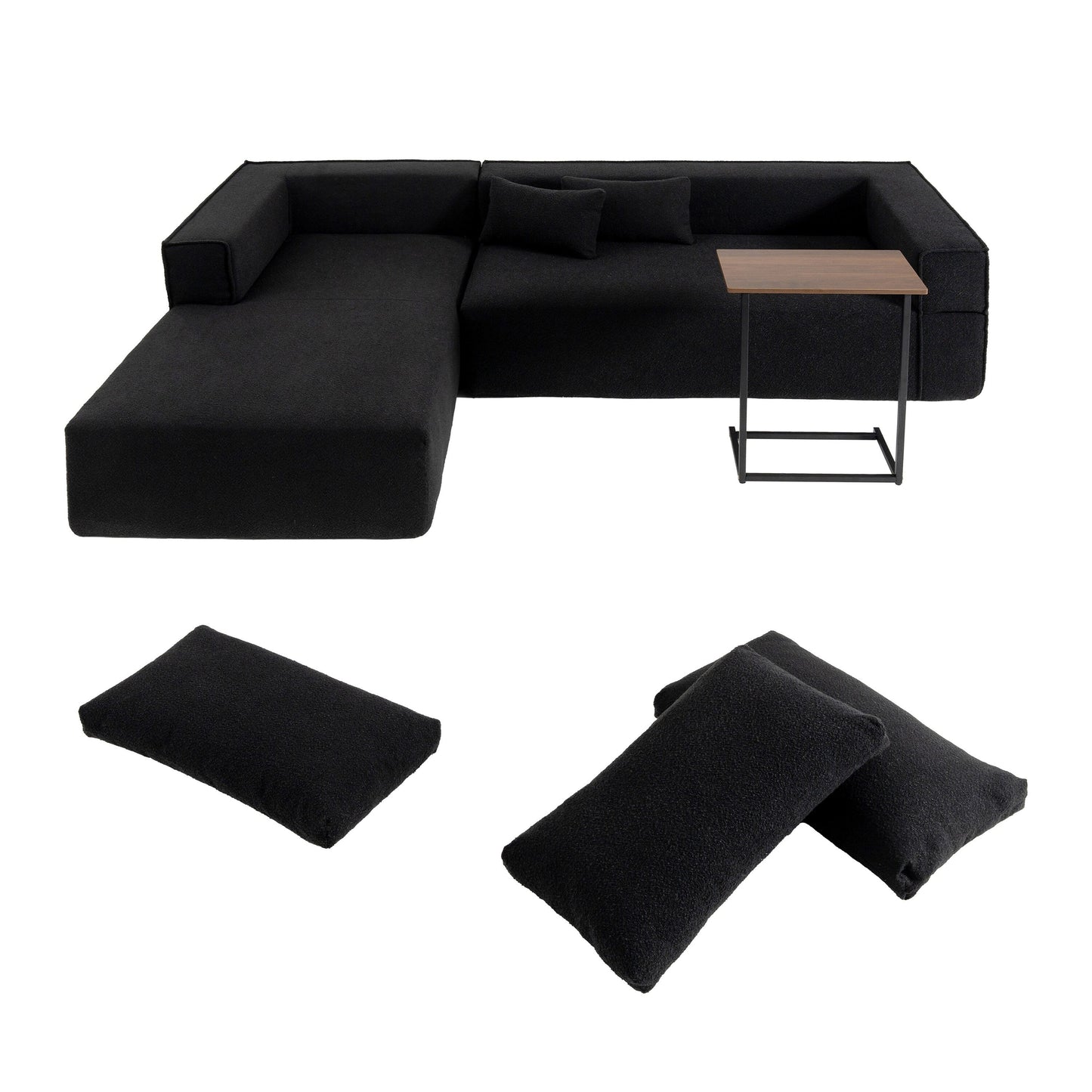 Canapé sectionnel modulaire avec table d'appoint gratuite, assise large, entièrement compressé, tissu bouclé infroissable avec méridienne