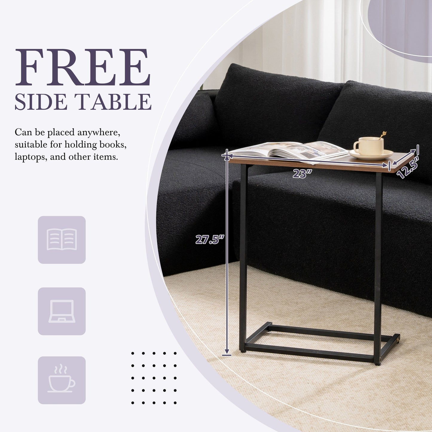 Canapé sectionnel modulaire avec table d'appoint gratuite, assise large, entièrement compressé, tissu bouclé infroissable avec méridienne