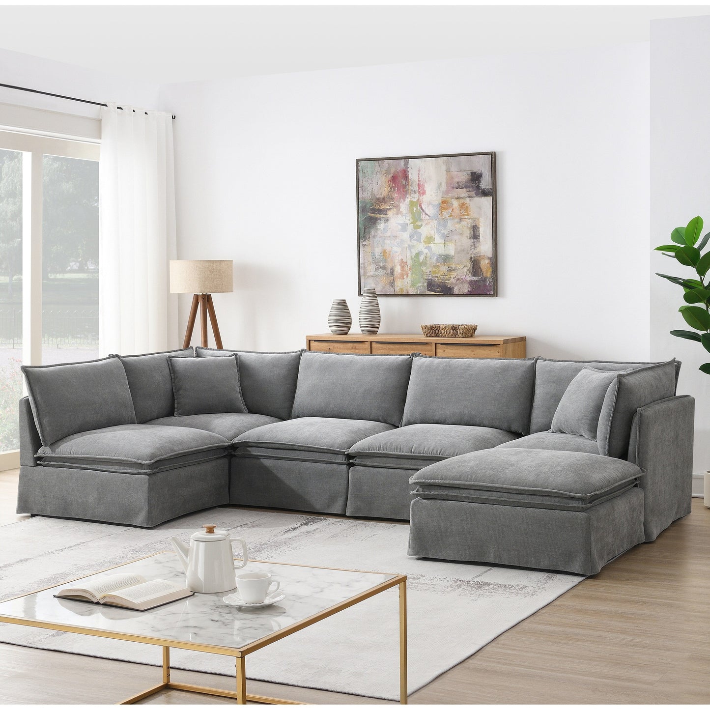 Canapé sectionnel modulaire avec pouf amovible, meuble d'intérieur rembourré en L, assise large, combinaison libre, canapé en chenille