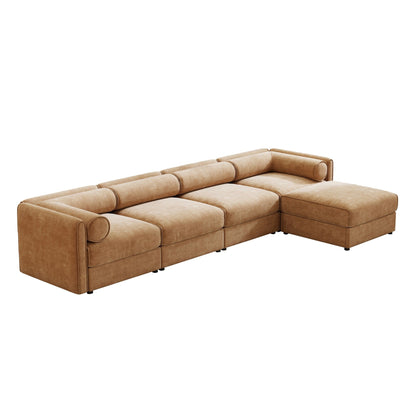 Canapé sectionnel modulaire avec rangement, dossier cylindrique et accoudoirs, assise profonde et confortable, canapé 4 places en forme de L